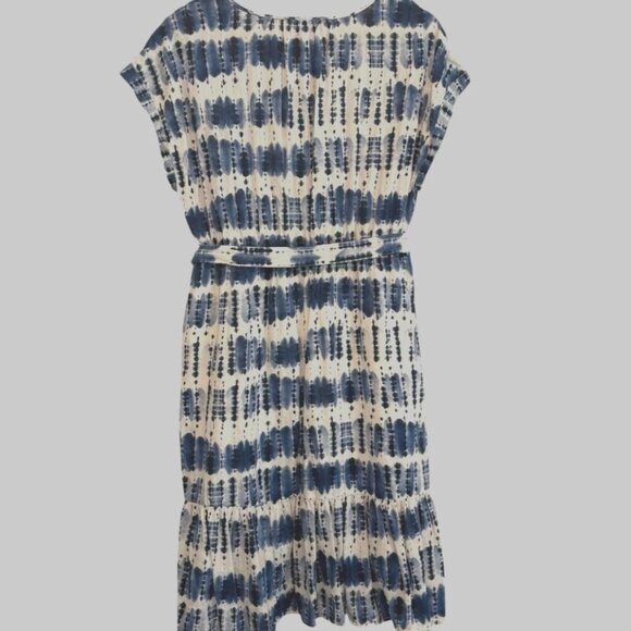 Women's Large Blue Tie Dye Midi Cotton Casual Flowy Shift Belt Nautical Dress - Picture 5 of 5